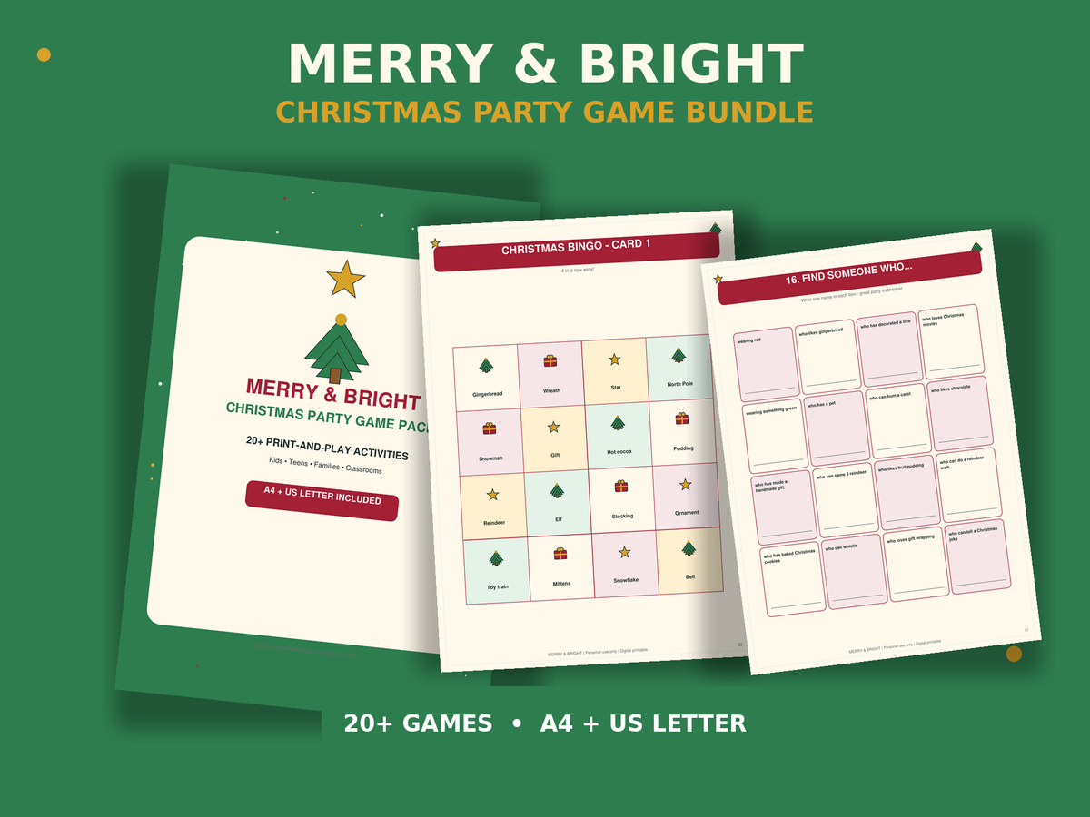 Merry & Bright Christmas Party Games Bundle – 20+ Printable Family Games, Christmas Bingo, Trivia, Charades & Puzzles