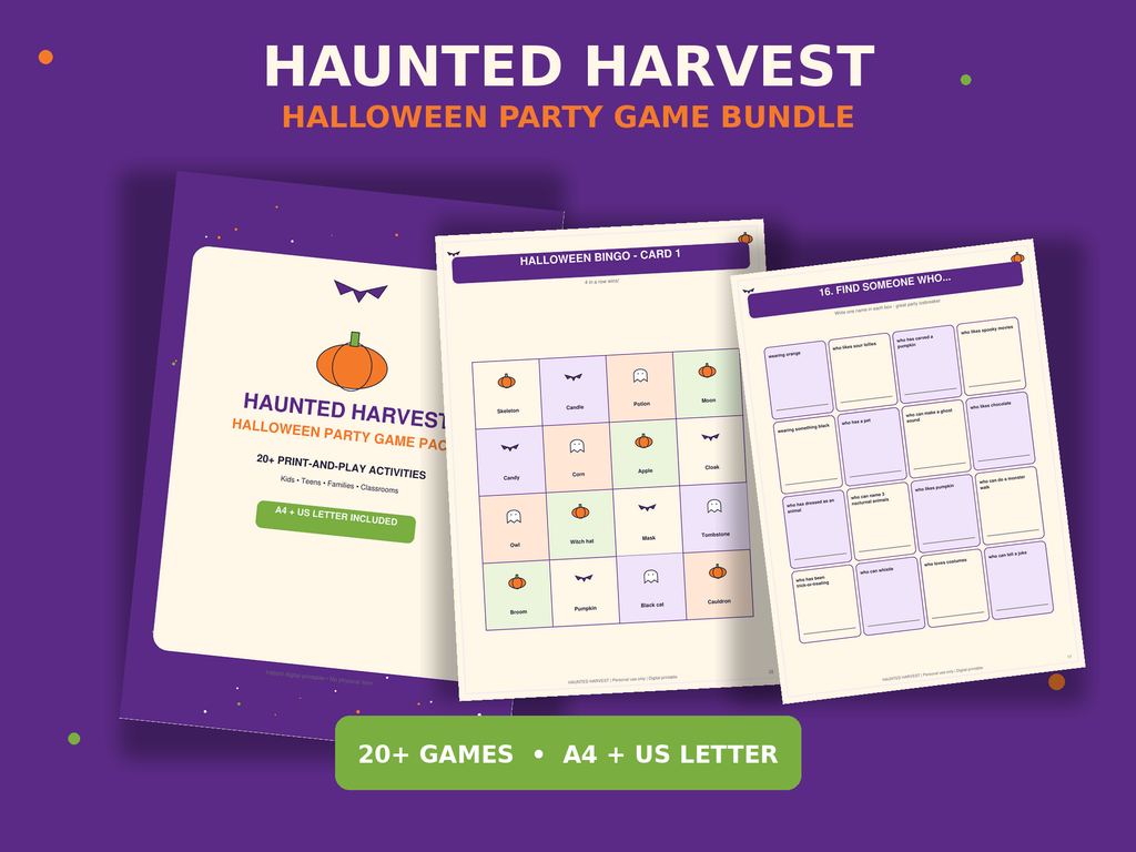 Haunted Harvest Halloween Party Games Bundle – 20+ Printable Kids & Family Games, Halloween Bingo, Trivia & Puzzles