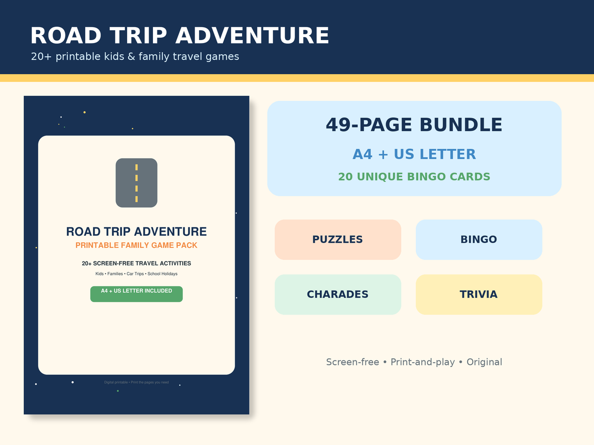 Road Trip Games Printable Bundle - 20+ Kids & Family Travel Games, Bingo, Scavenger Hunt, Car Activities, A4 + US Letter