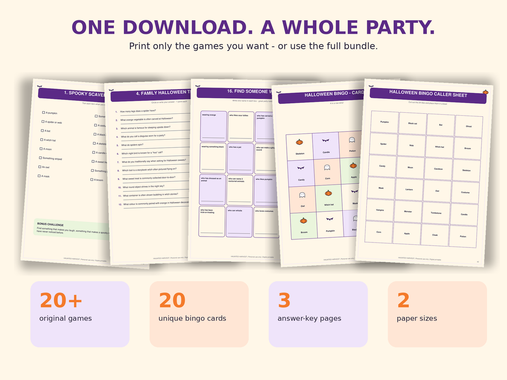Haunted Harvest Halloween Party Games Bundle – 20+ Printable Kids & Family Games, Halloween Bingo, Trivia & Puzzles