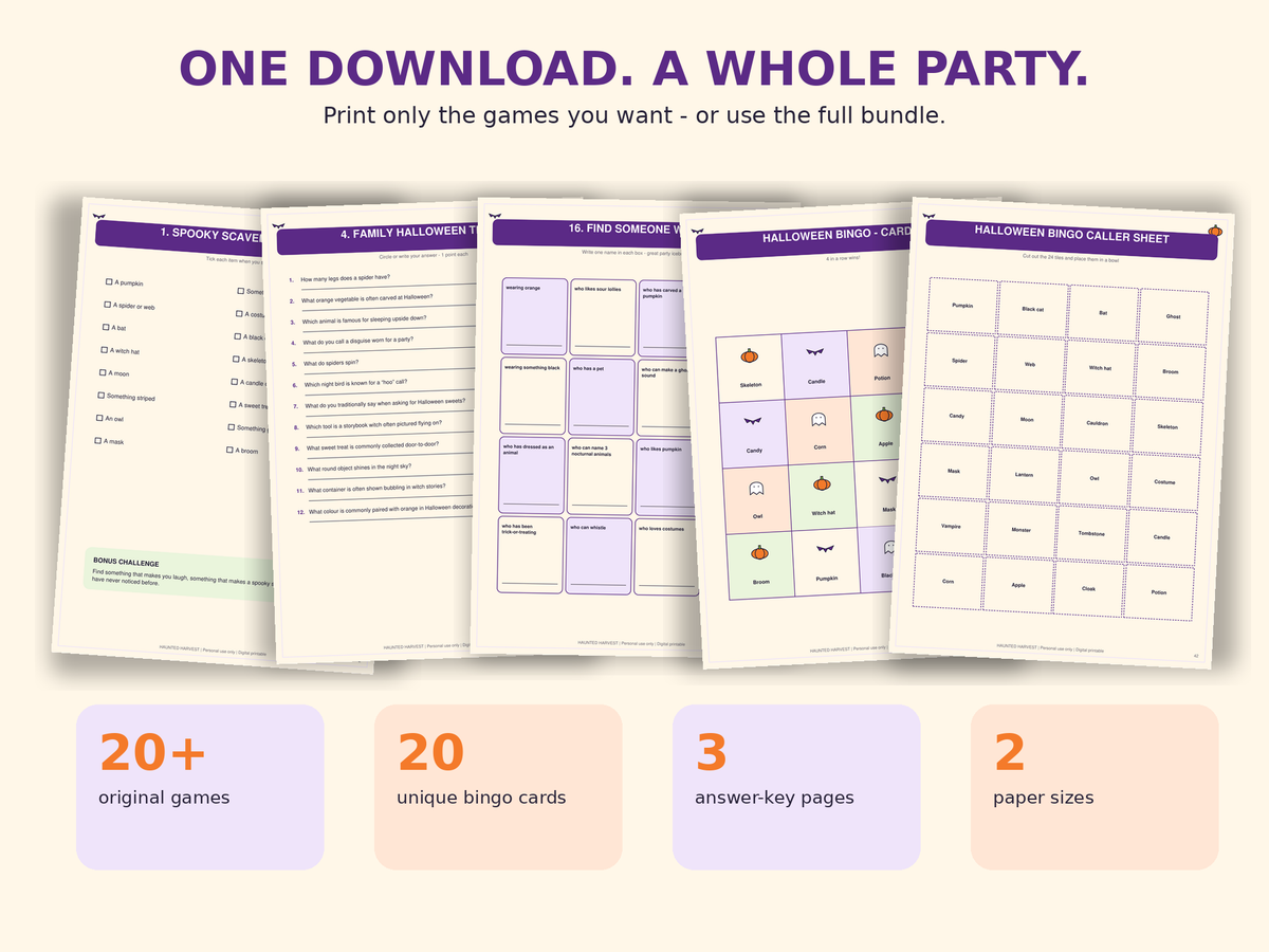 Haunted Harvest Halloween Party Games Bundle – 20+ Printable Kids & Family Games, Halloween Bingo, Trivia & Puzzles
