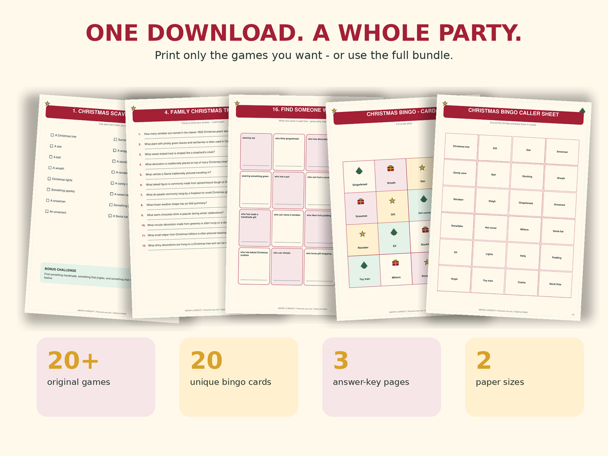 Merry & Bright Christmas Party Games Bundle – 20+ Printable Family Games, Christmas Bingo, Trivia, Charades & Puzzles