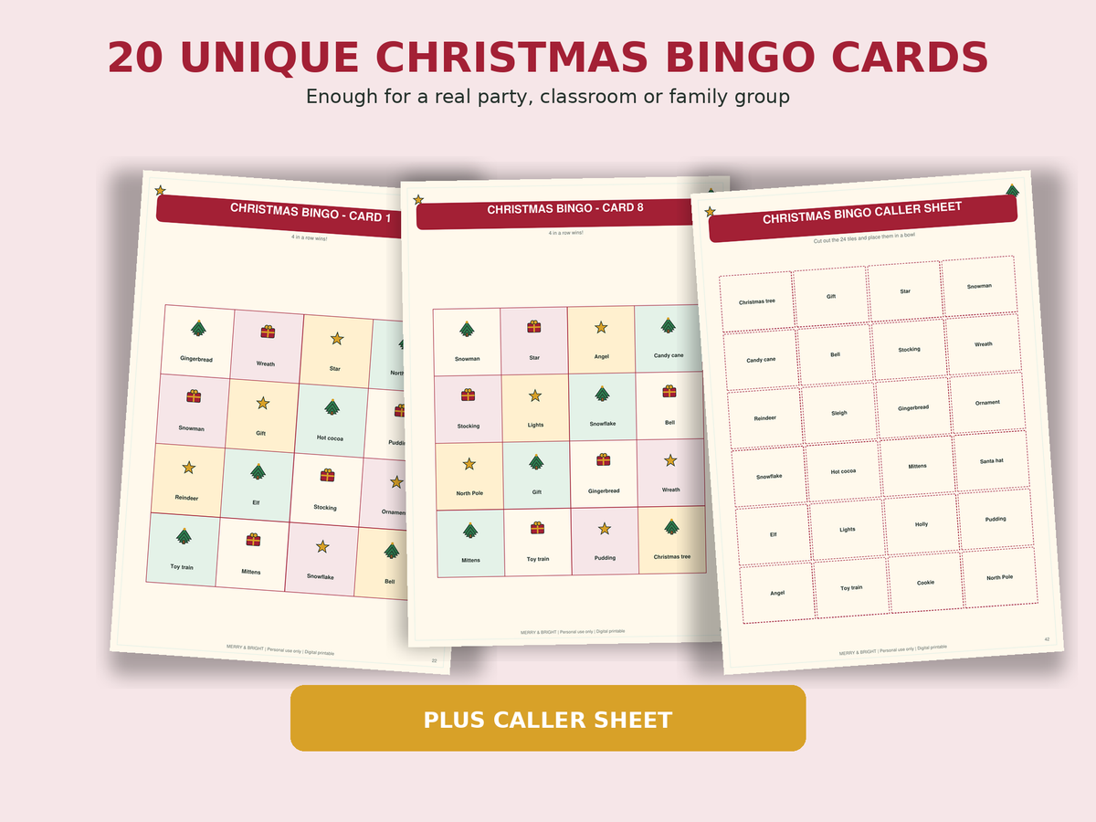 Merry & Bright Christmas Party Games Bundle – 20+ Printable Family Games, Christmas Bingo, Trivia, Charades & Puzzles