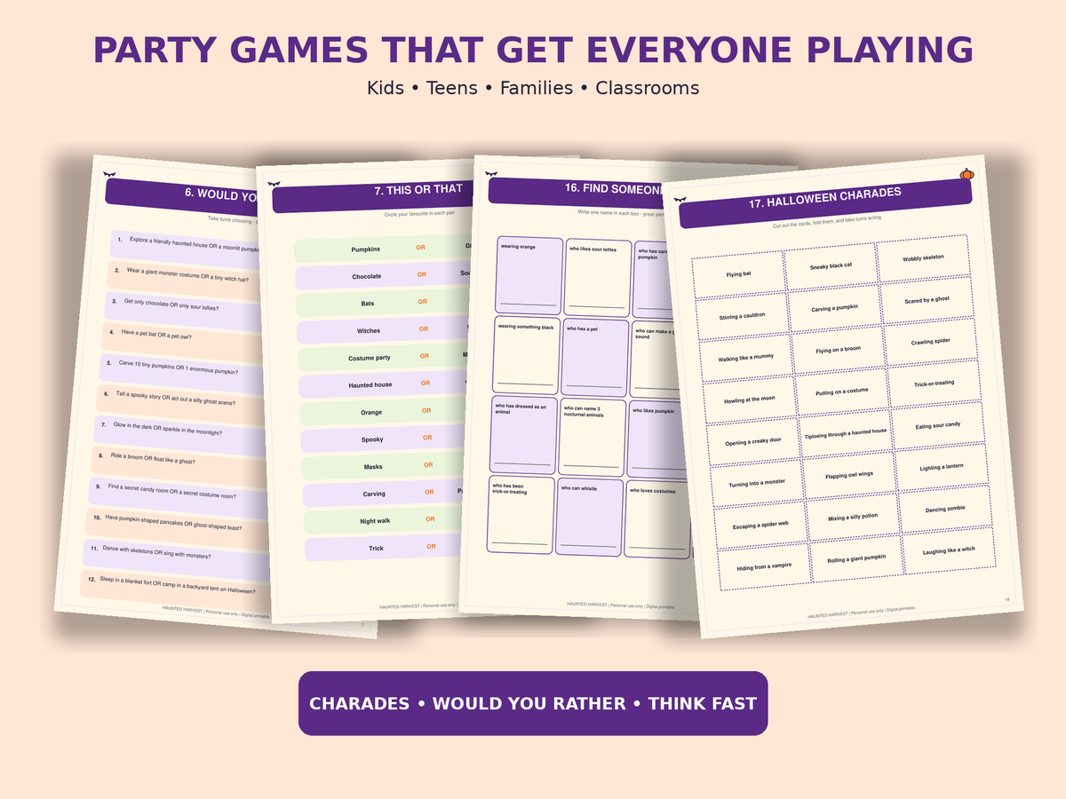 Haunted Harvest Halloween Party Games Bundle – 20+ Printable Kids & Family Games, Halloween Bingo, Trivia & Puzzles