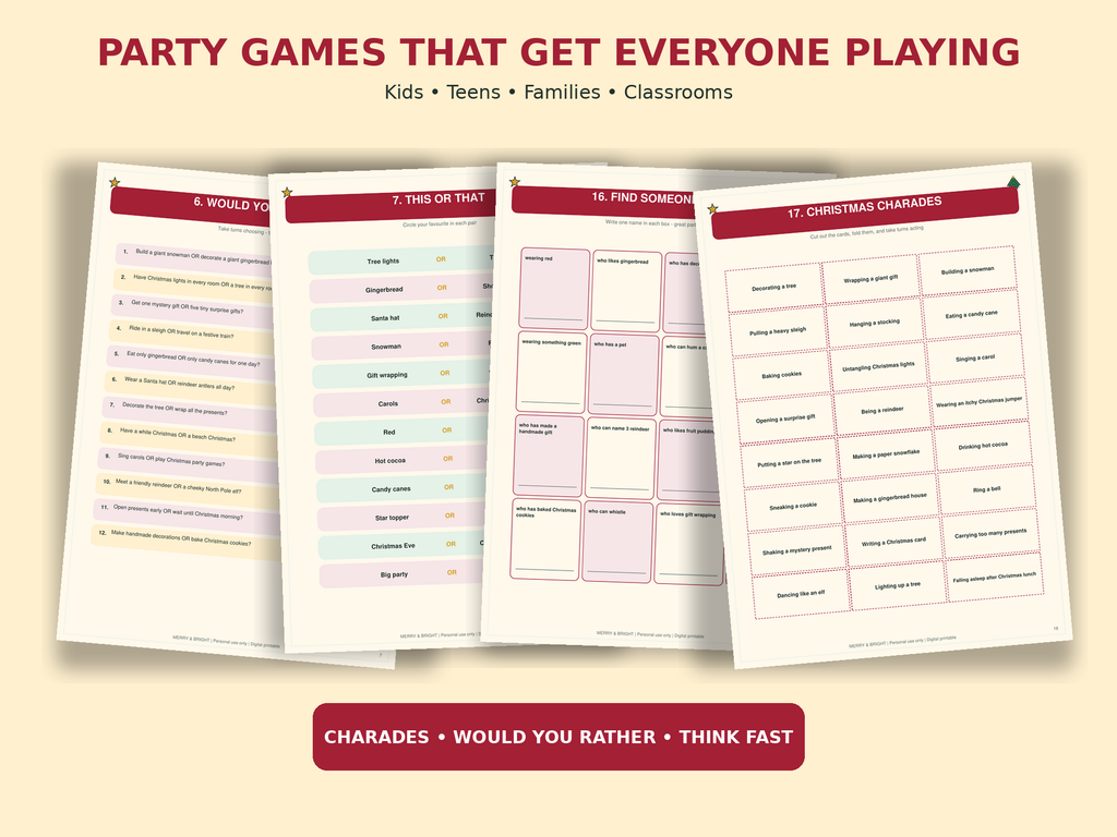 Merry & Bright Christmas Party Games Bundle – 20+ Printable Family Games, Christmas Bingo, Trivia, Charades & Puzzles