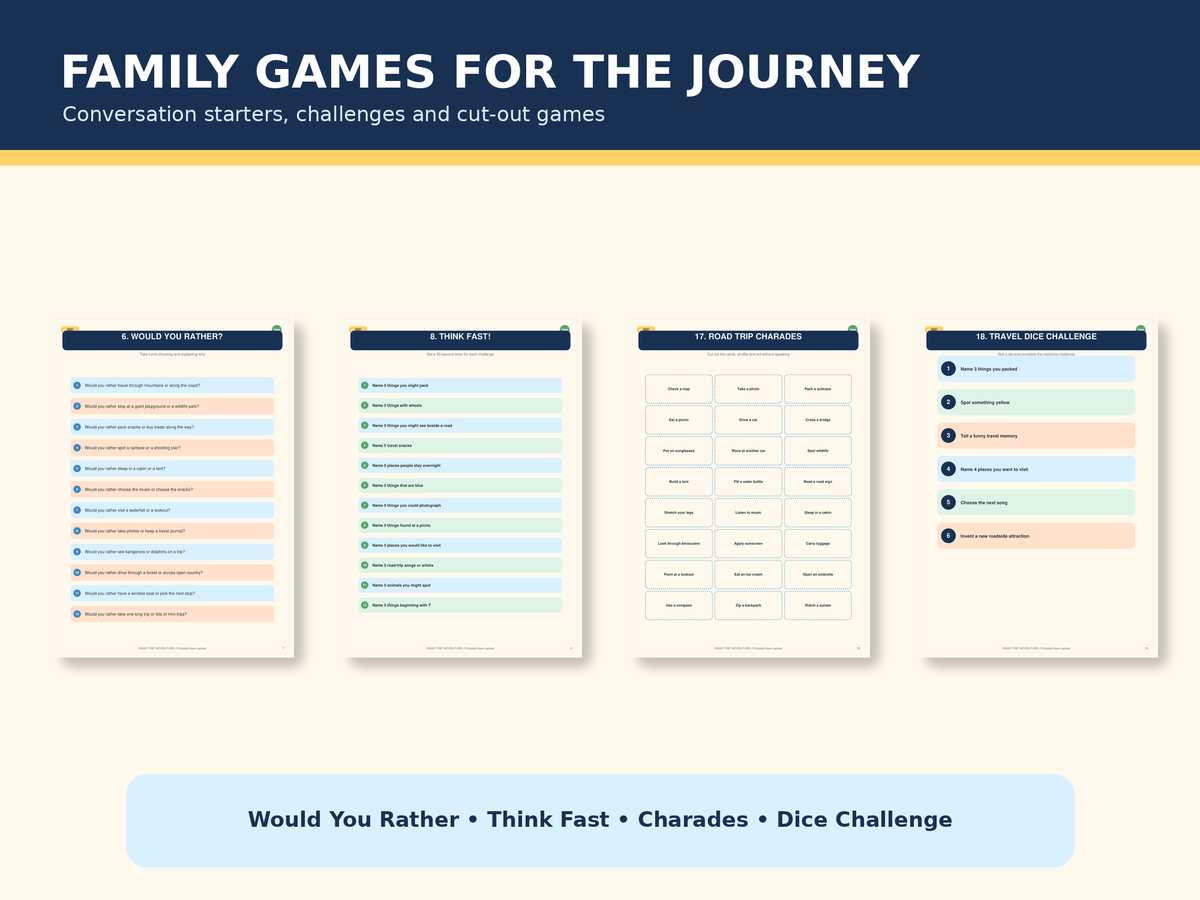 Road Trip Games Printable Bundle - 20+ Kids & Family Travel Games, Bingo, Scavenger Hunt, Car Activities, A4 + US Letter