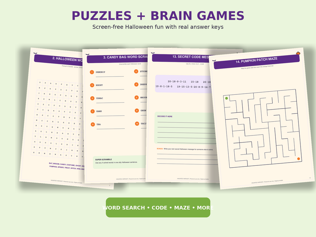 Haunted Harvest Halloween Party Games Bundle – 20+ Printable Kids & Family Games, Halloween Bingo, Trivia & Puzzles