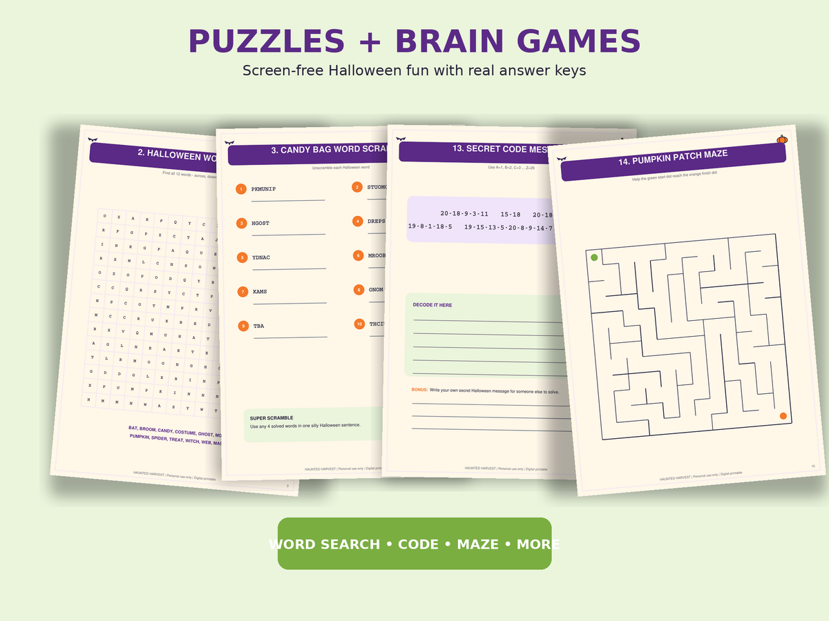 Haunted Harvest Halloween Party Games Bundle – 20+ Printable Kids & Family Games, Halloween Bingo, Trivia & Puzzles