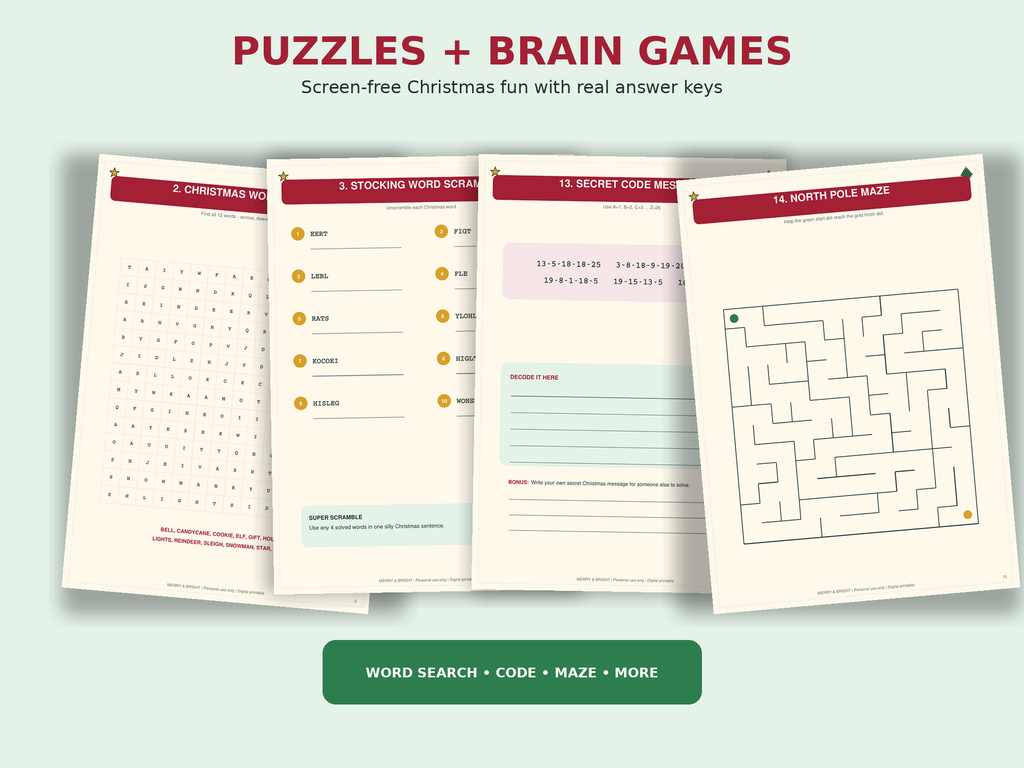Merry & Bright Christmas Party Games Bundle – 20+ Printable Family Games, Christmas Bingo, Trivia, Charades & Puzzles
