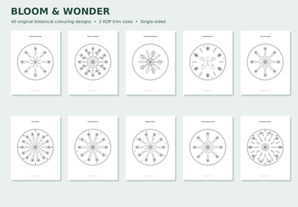 Botanical Colouring Book KDP Interior | 40 Floral Mandala Designs | 82 Pages | 8.5x11 & 8x10 PDF